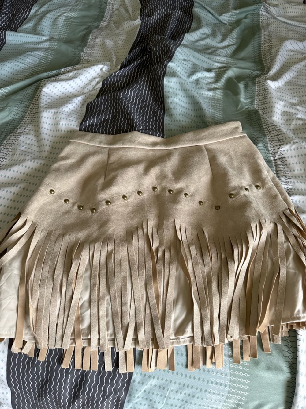 SHEIN Beige Suede-Look Fringe Mini Skirt with Studs